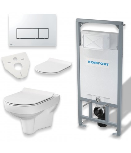 SET: WC-Vorwandelement C201 + WC-Toilette SLIM Soft-Close City-Cleanon Weiß + Schallschutzmatte + WC-Betätigungsplatte Chrom