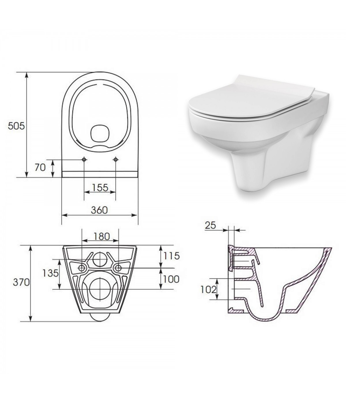 SET: WC-Vorwandelement C201 + WC-Toilette SLIM Soft-Close City-Cleanon Weiß + Schallschutzmatte + WC-Betätigungsplatte Chrom