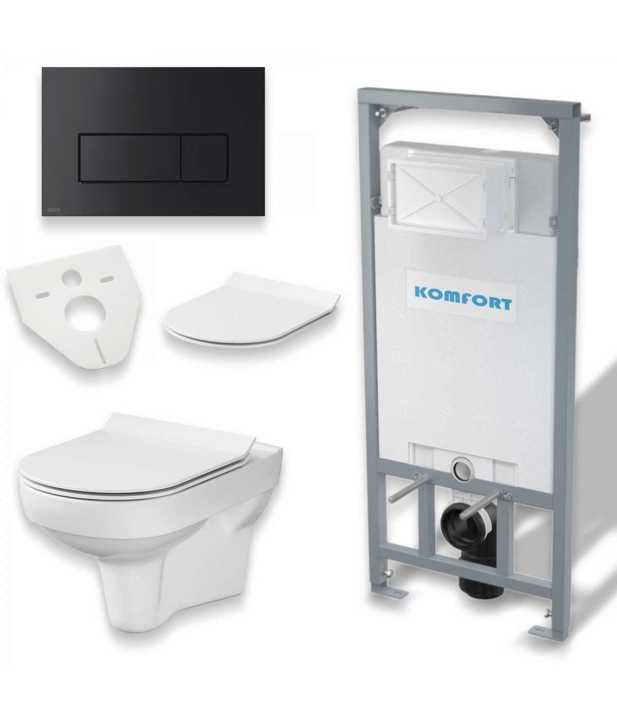 SET: WC-Vorwandelement C201 + WC-Toilette SLIM Soft-Close City-Cleanon Weiß + Schallschutzmatte + WC-Betätigungsplatte Schwarz
