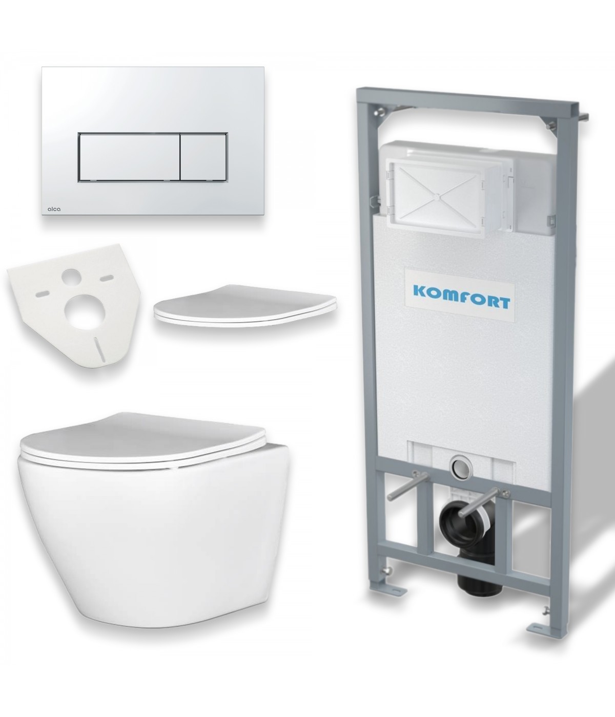Set: wc-vorwandelement c201 + wc-toilette slim soft-close desna weiß +  schallschutzmatte + wc-betätigungsplatte chrom - Badland