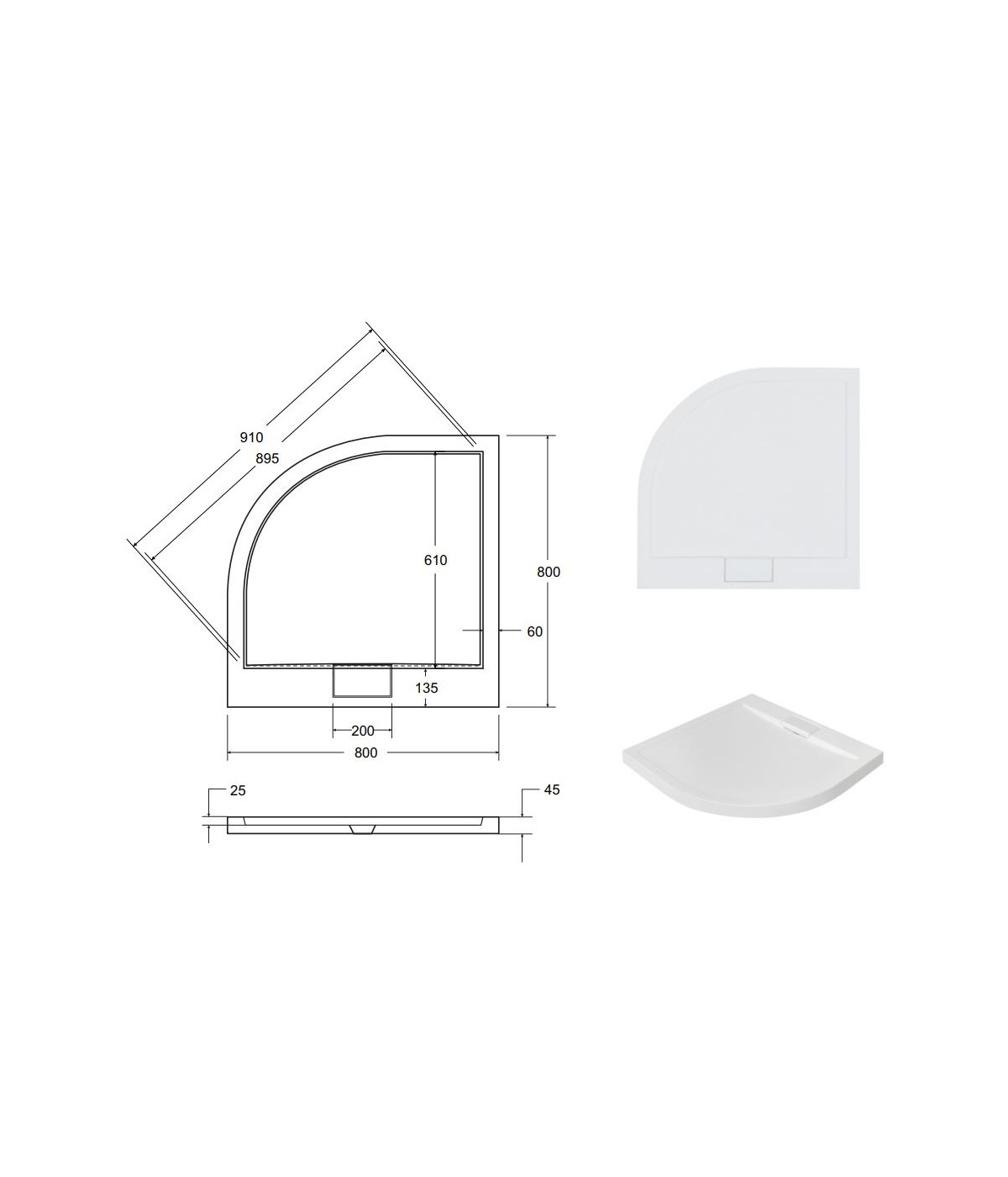 DUSCHWANNE VIERTELKREIS SCHWARZ 80x80x4.5 AXIM Ablaufgarnitur GRATIS !