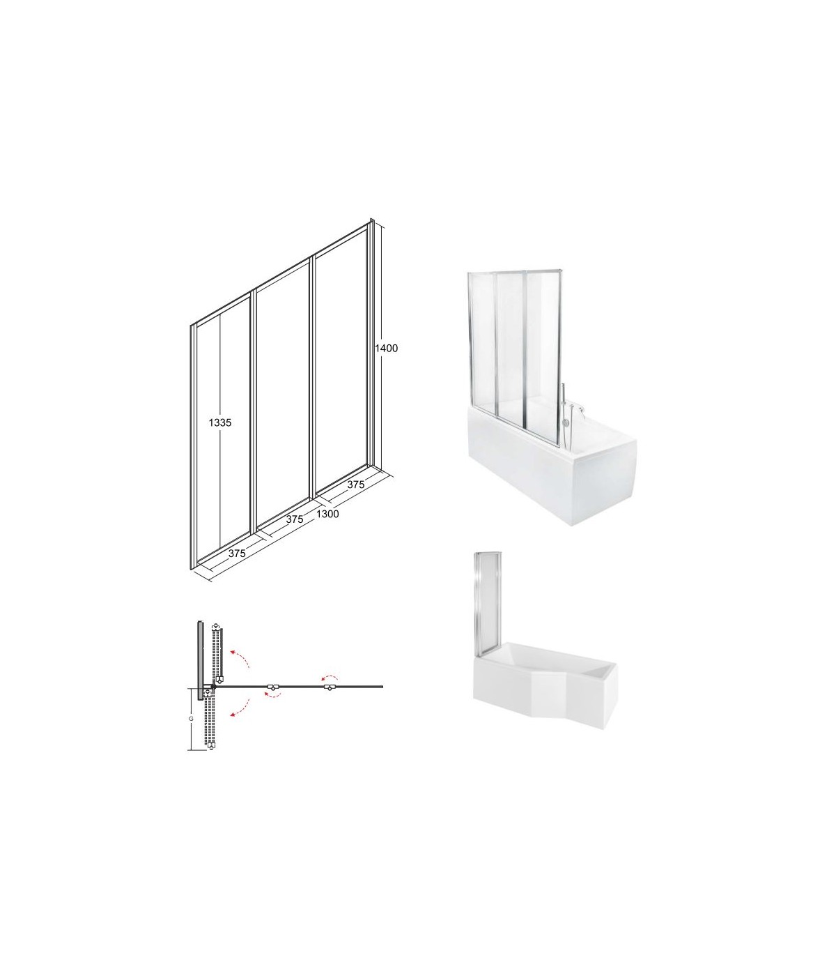 Badewannenabtrennung 3-teilig 130x140 AMBITION PREMIUM Glas 4 mm