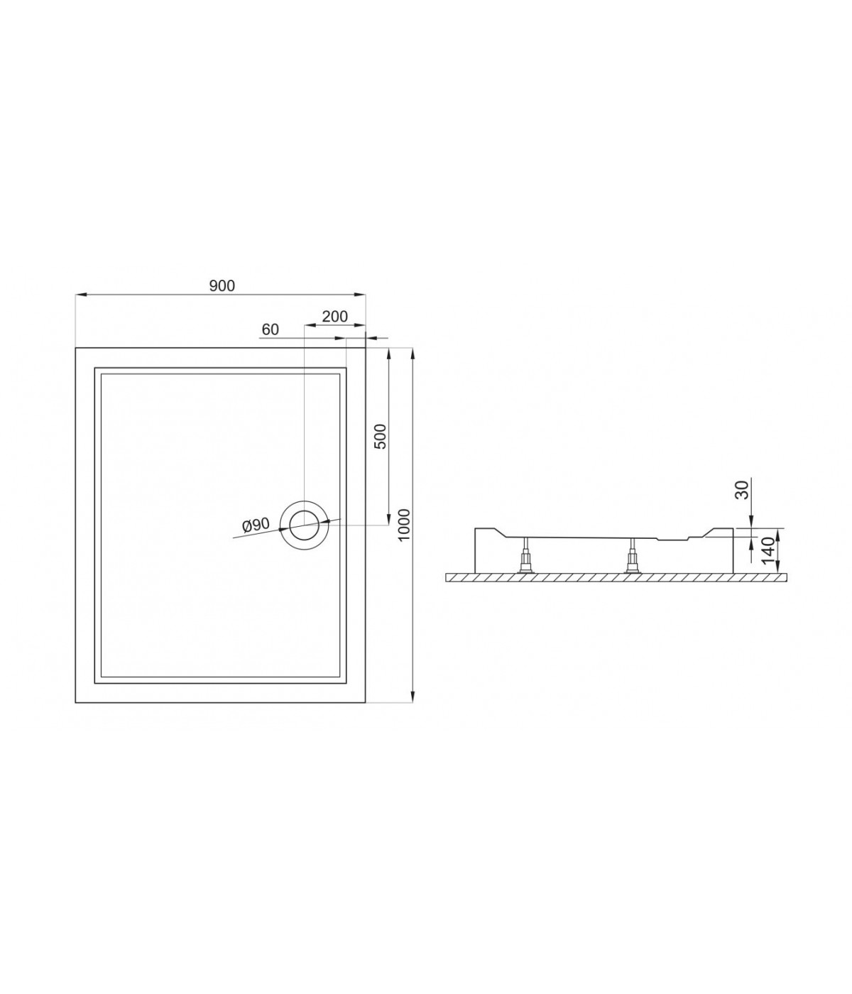 DUSCHWANNE RECHTECK 100x90x3 GOLIAT Ablaufgarnitur und Füße GRATIS !