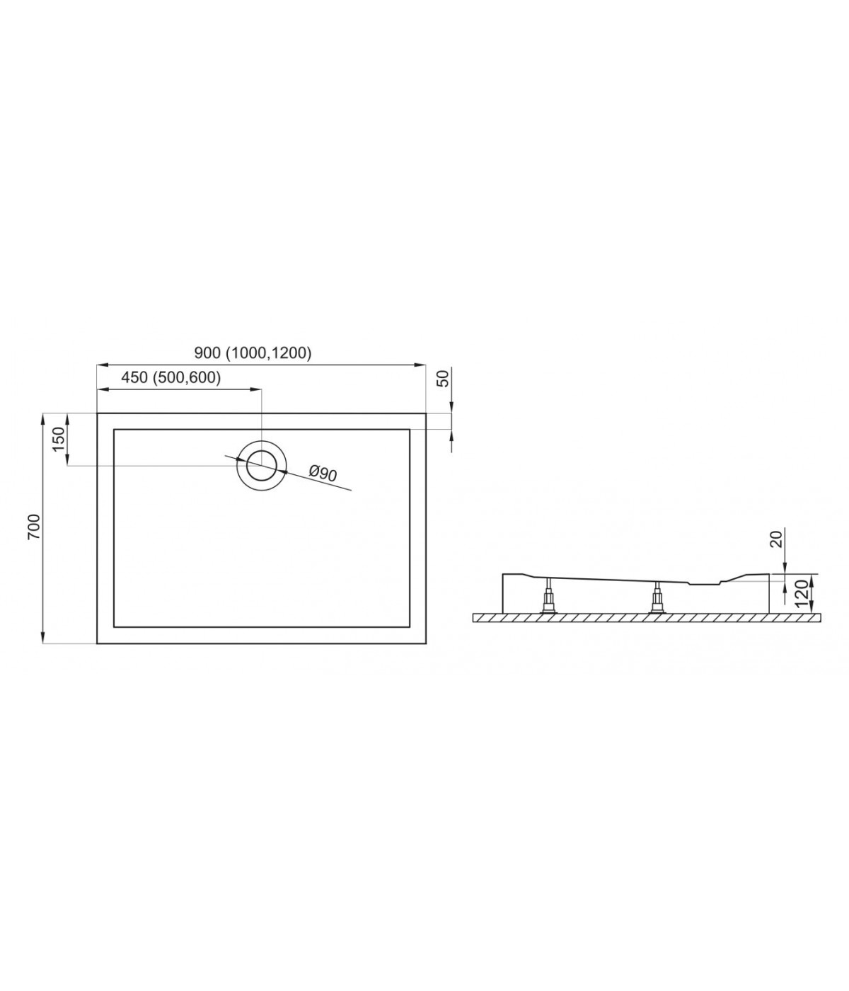 DUSCHWANNE RECHTECK 120x70x2x12 LIDER Ablaufgarnitur und Füße GRATIS !