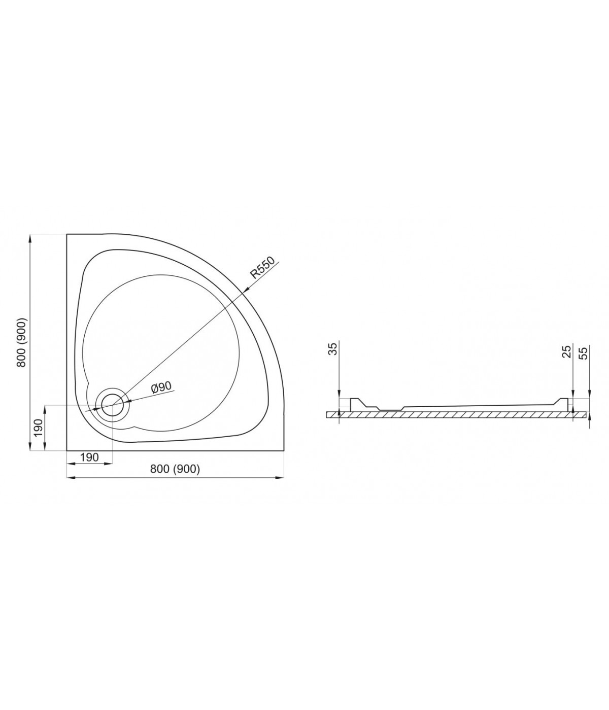 DUSCHWANNE VIERTELKREIS 80x80 NEUER STIL Ablaufgarnitur GRATIS !