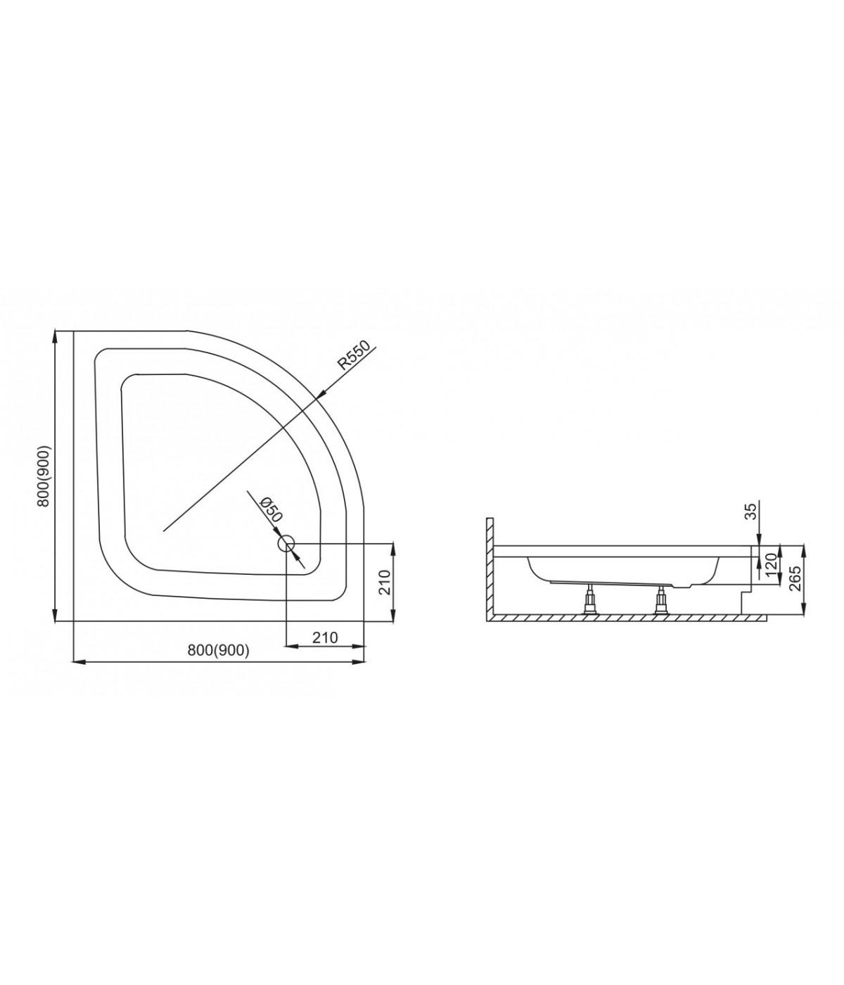 DUSCHWANNE VIERTELKREIS 90x90x12 PAKO Ablaufgarnitur und Füße GRATIS !