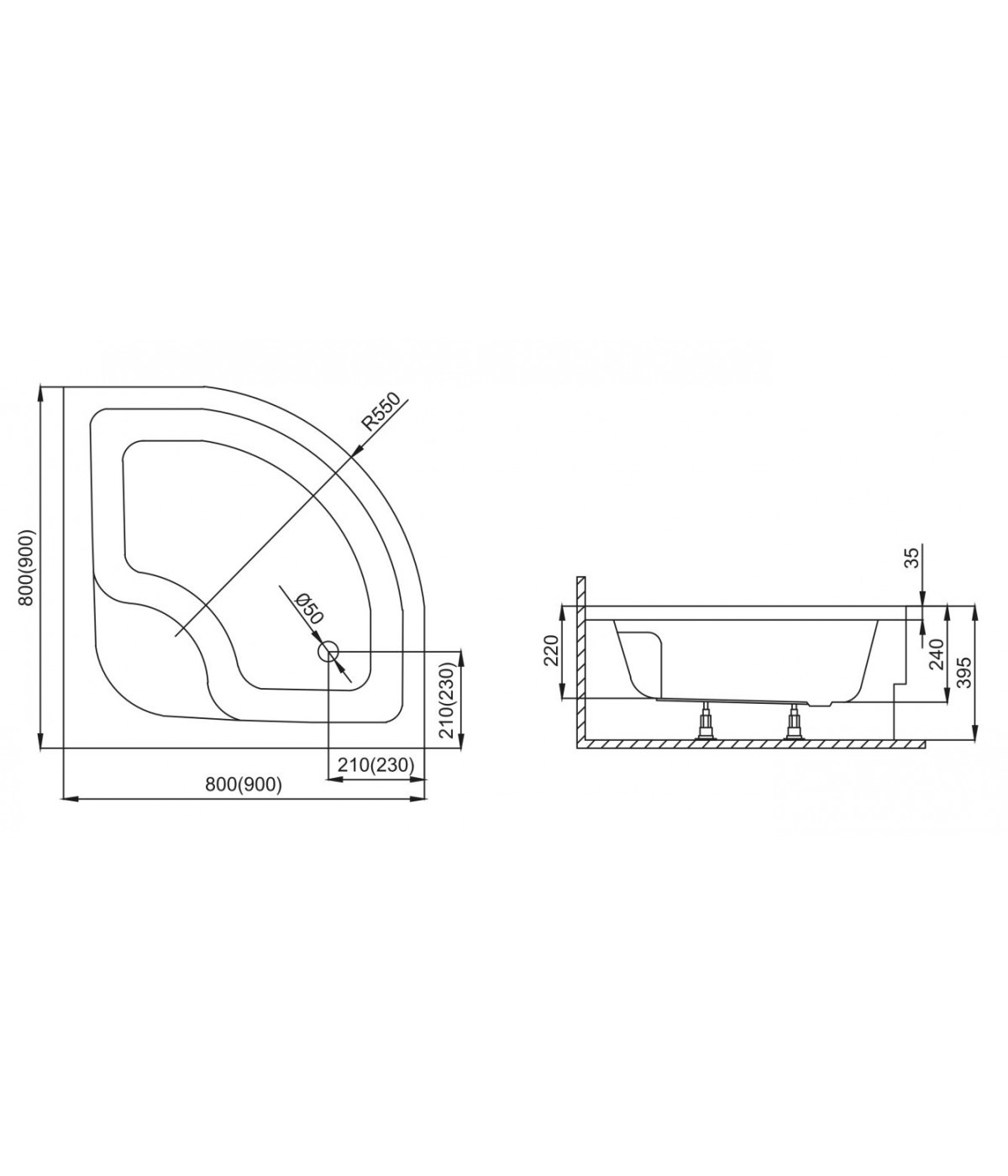 DUSCHWANNE VIERTELKREIS 80x80x24 PAKO Ablaufgarnitur und Füße GRATIS !