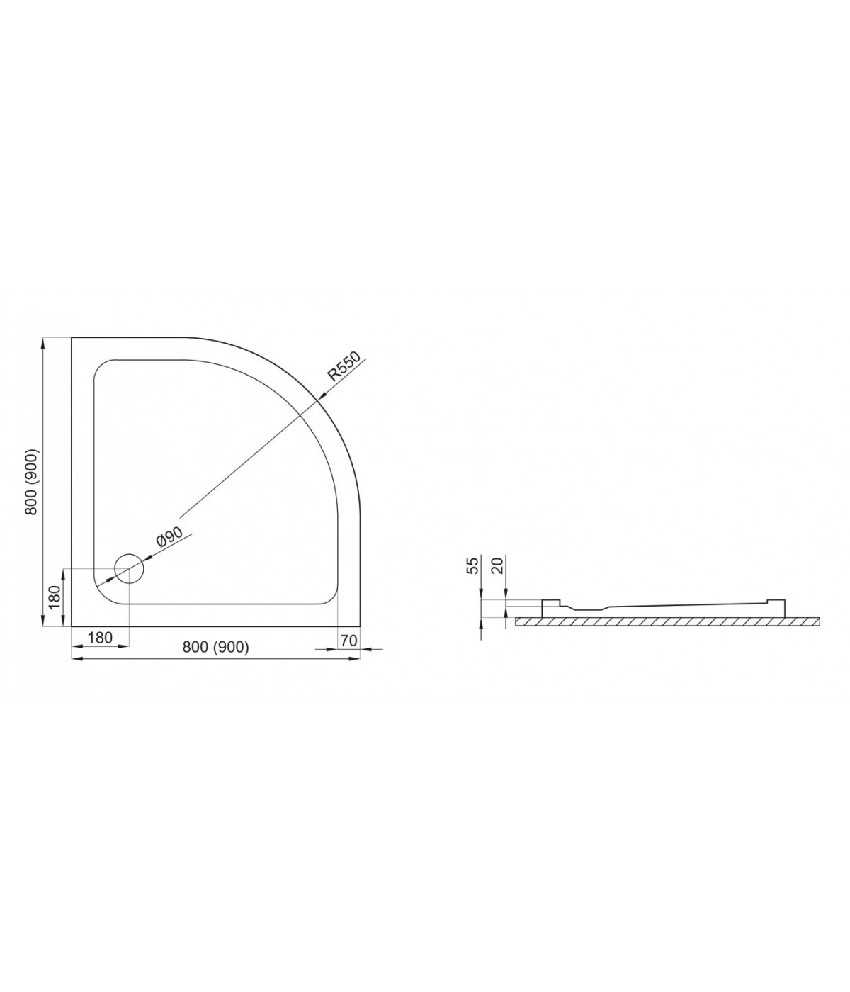 DUSCHWANNE VIERTELKREIS 80x80 STANDARDO Ablaufgarnitur GRATIS !