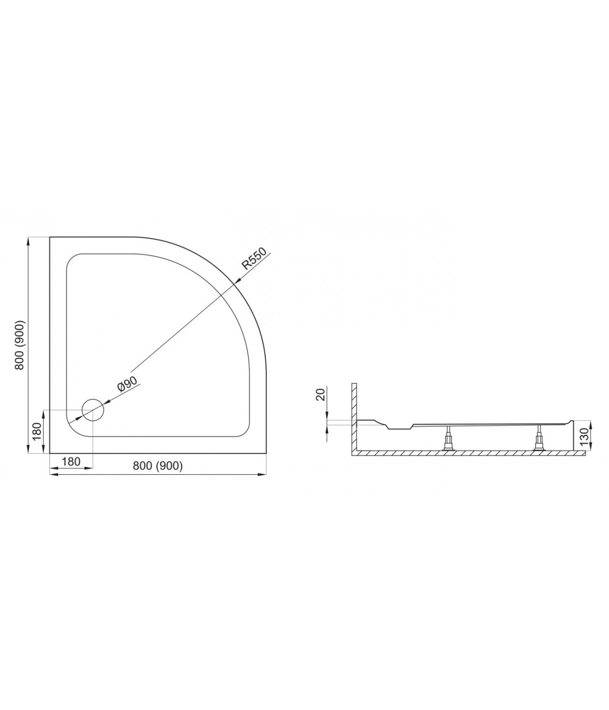 DUSCHWANNE VIERTELKREIS 80x80x2 STANDARDO Ablaufgarnitur und Füße GRATIS !