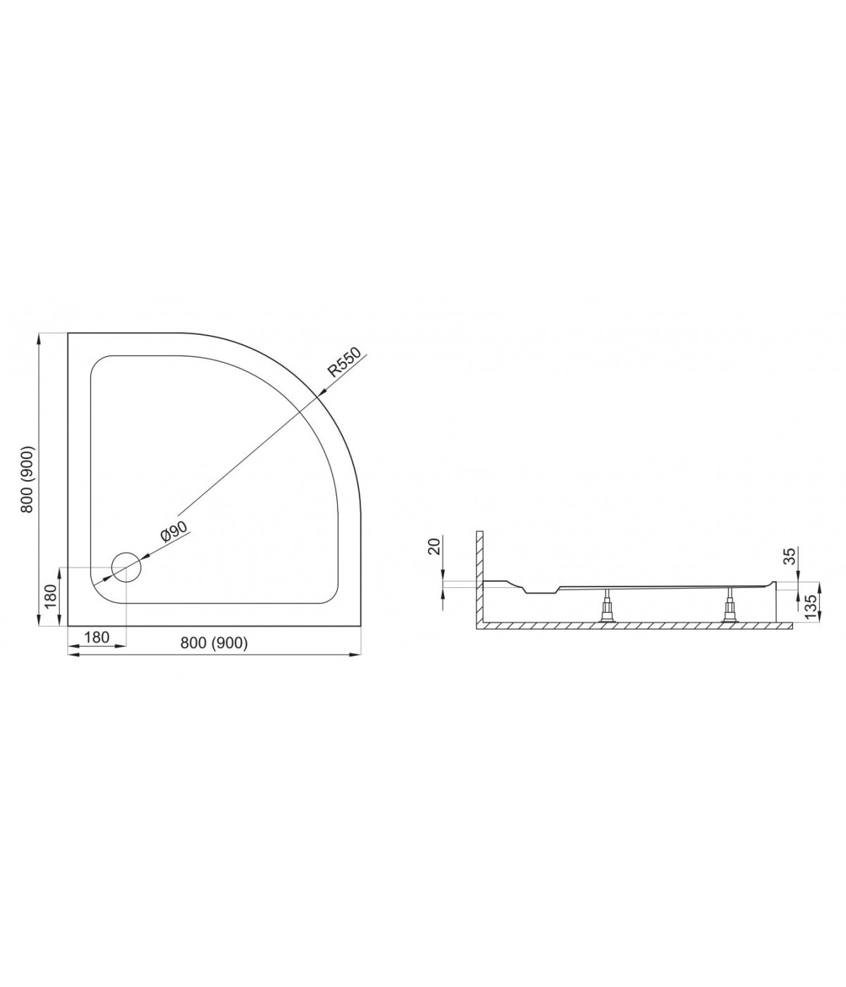 DUSCHWANNE VIERTELKREIS 80x80x2 STANDARDO Ablaufgarnitur und Füße GRATIS !