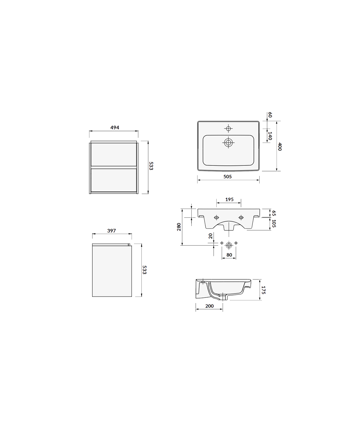 Badmöbel Set CREAZ 50 Waschbecken-Unterschrank mit Waschbecken, 2-Schubladen, Grau Matt