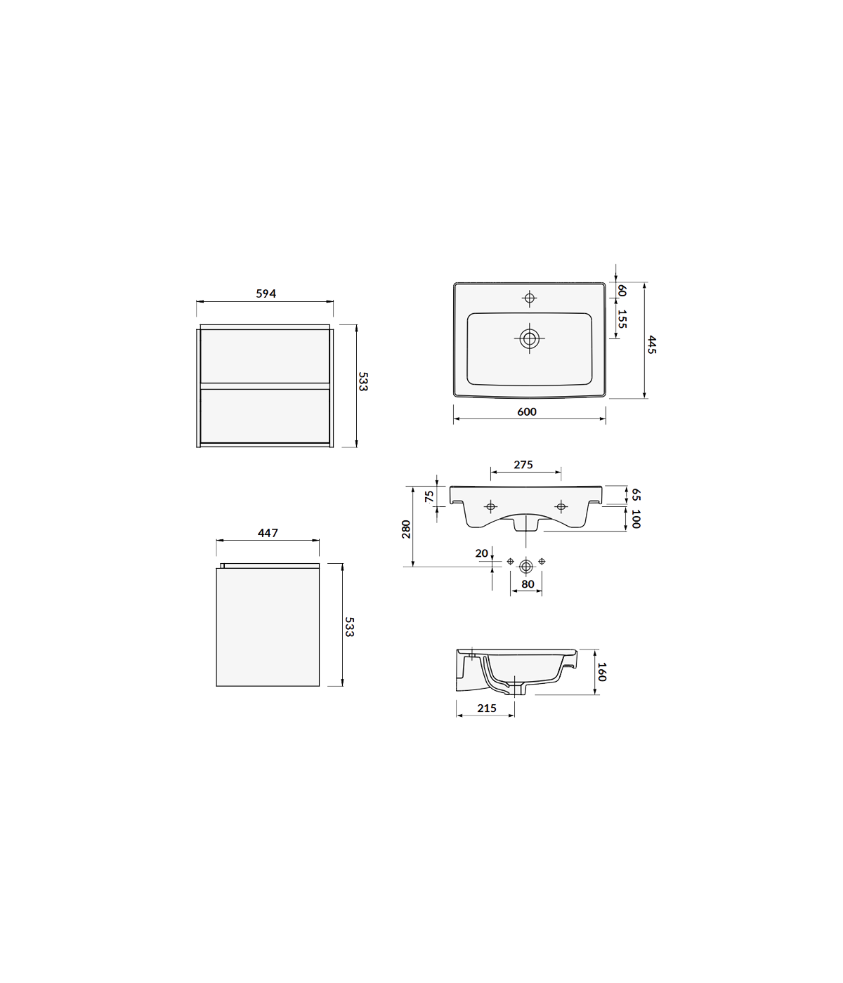 Badmöbel Set CREAZ 60 Waschbecken-Unterschrank mit Waschbecken, 2-Schubladen, Grau Matt