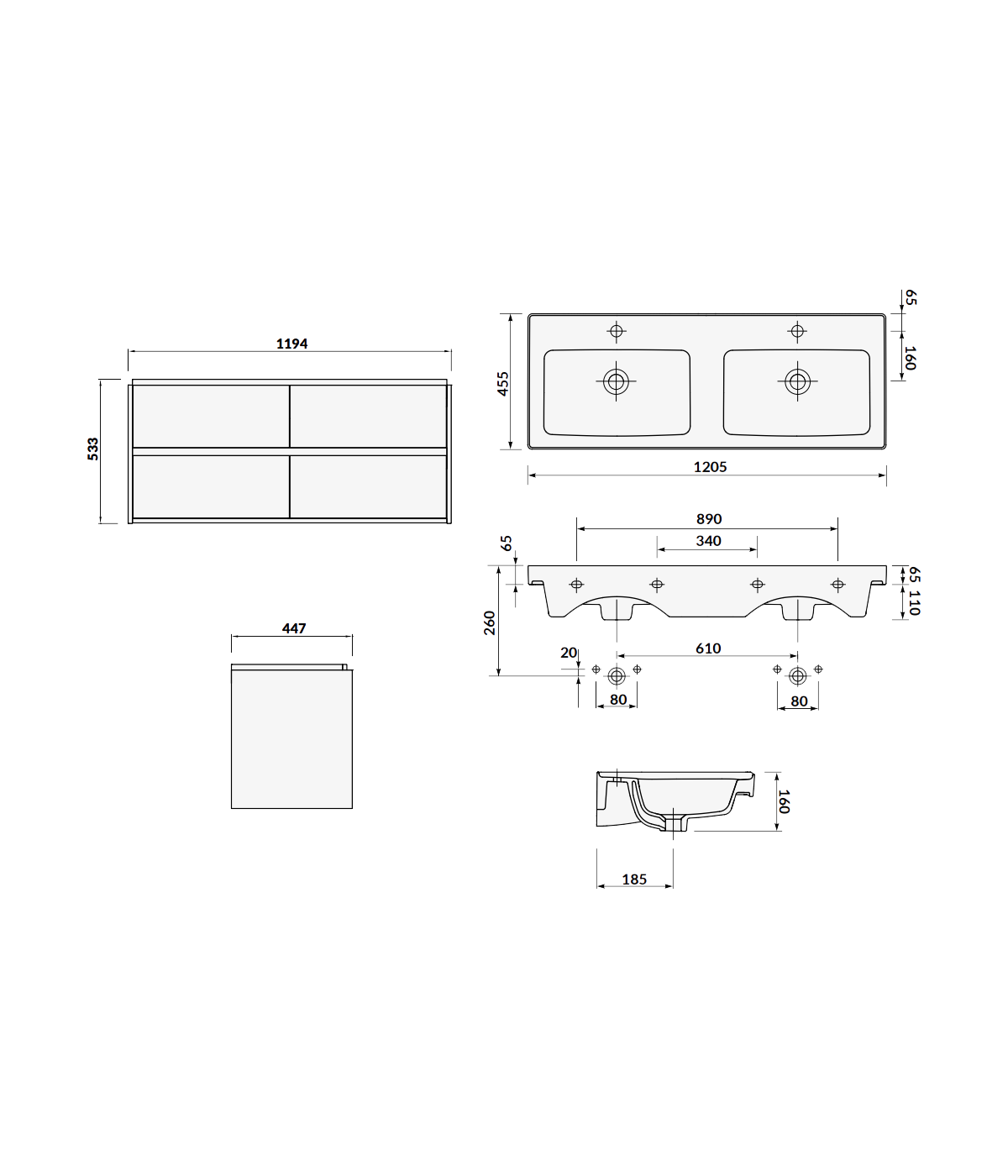Badmöbel Set CREAZ 120 Waschbecken-Unterschrank mit Waschbecken, 4-Schubladen, Eiche