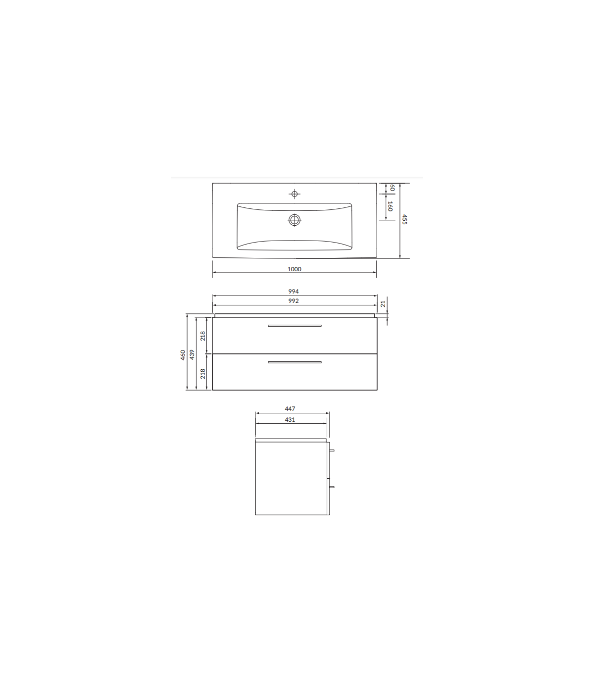 Badmöbel Set Badezimmerschrank mit Keramikwaschbecken, 2-Schubladen LARAZ COMO 100 Weiß