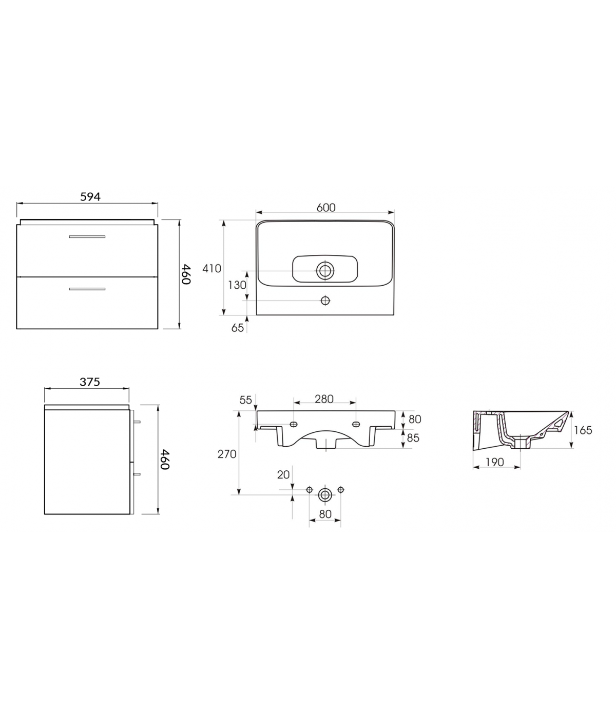 Badmöbel Set LARAZ MILLE SLIM 60 Waschbecken-Unterschrank mit Waschbecken, 2-Schubladen, Grau