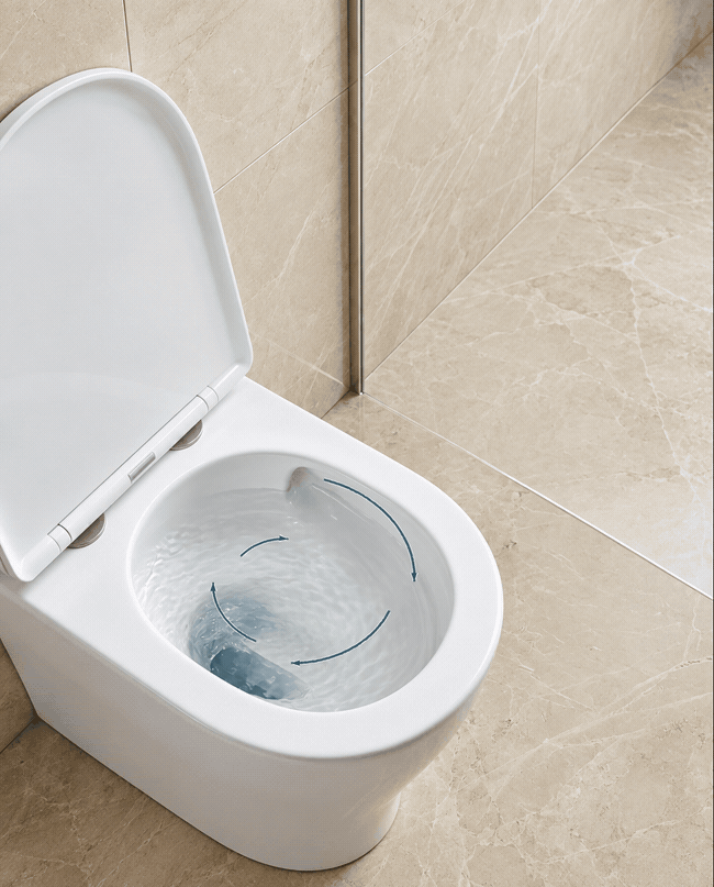 Animation der VIRVEL Toilettenschüssel mit Wasserwirbel und gut zugänglichem, spülrandlosem Innenbereich