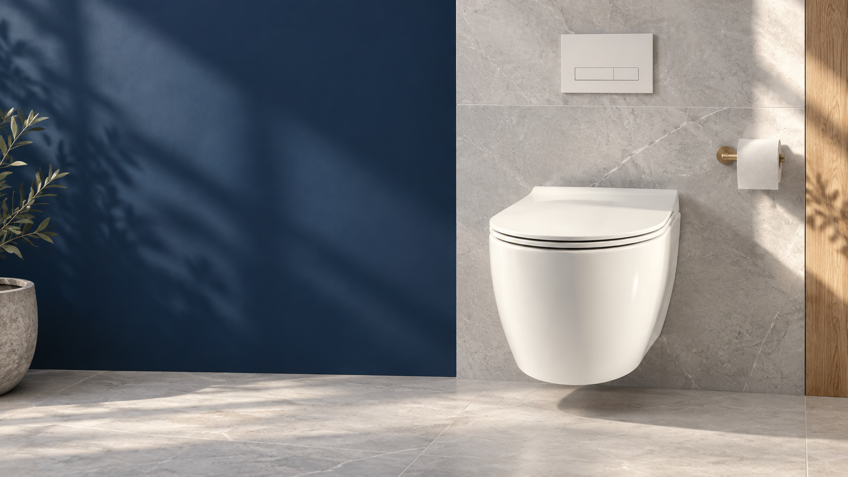 Raumvisualisierung mit weißem VIRVEL Wand-WC, schlankem Sitz und blauer Akzentwand